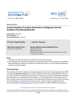 Central Auditory Function Evaluation to Diagnose Central Auditory Processing Disorder Product Applicability