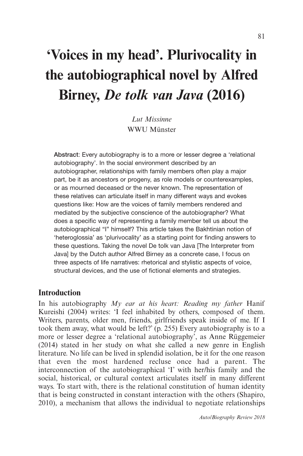 'Voices in My Head'. Plurivocality in the Autobiographical Novel by Alfred Birney, De Tolk Van Java (2016)