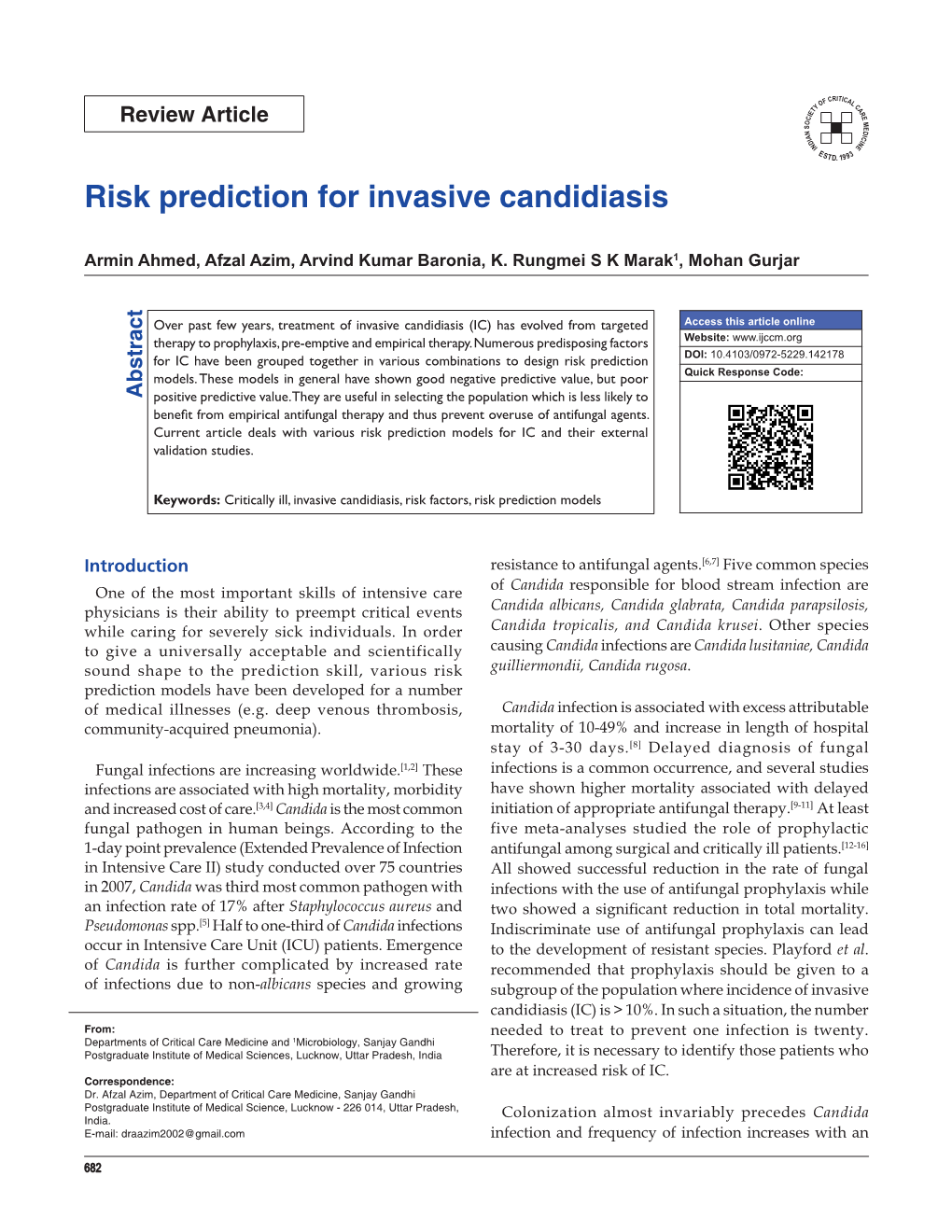 Risk Prediction for Invasive Candidiasis