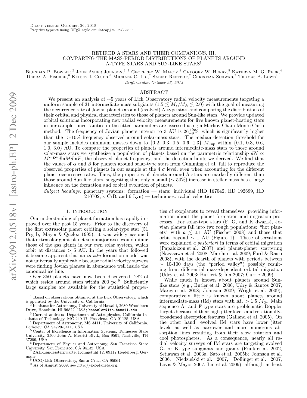 Arxiv:0912.0518V1 [Astro-Ph.EP] 2 Dec 2009 Rna .Bowler, P