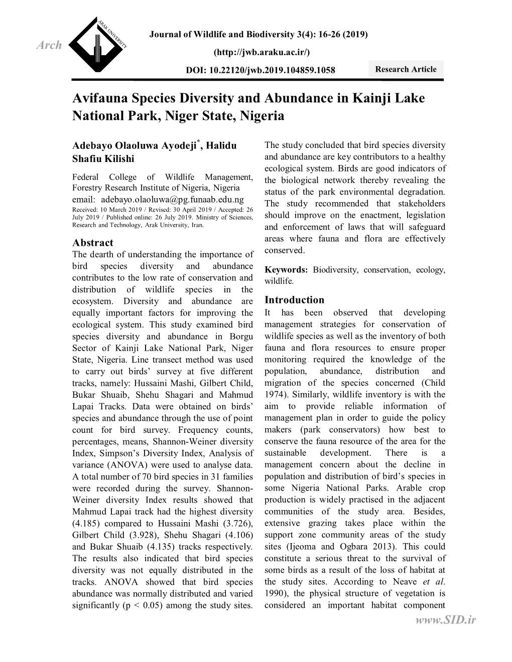 Avifauna Species Diversity and Abundance in Kainji Lake National Park, Niger State, Nigeria