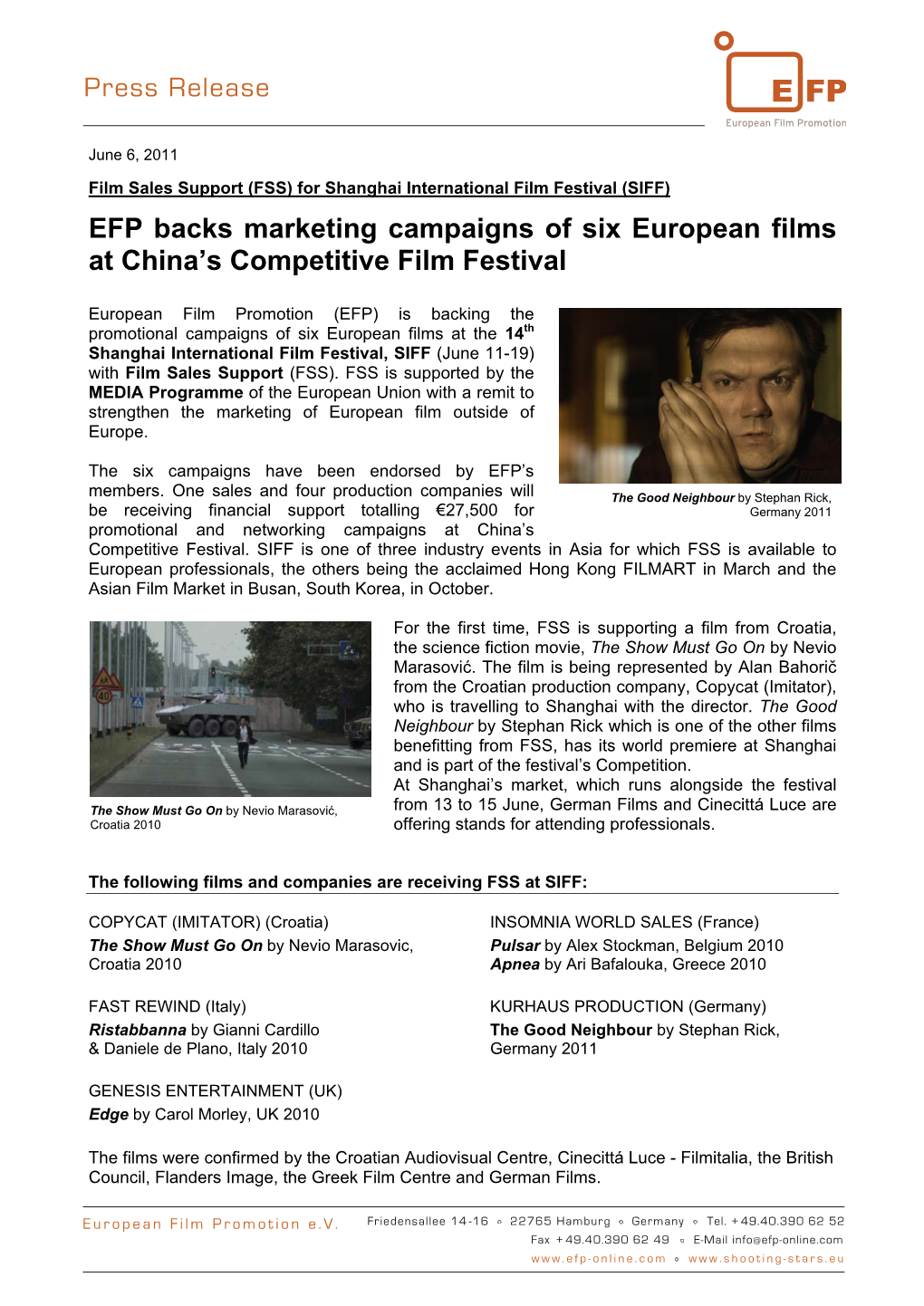 EFP Backs Marketing Campaigns of Six European Films at China's