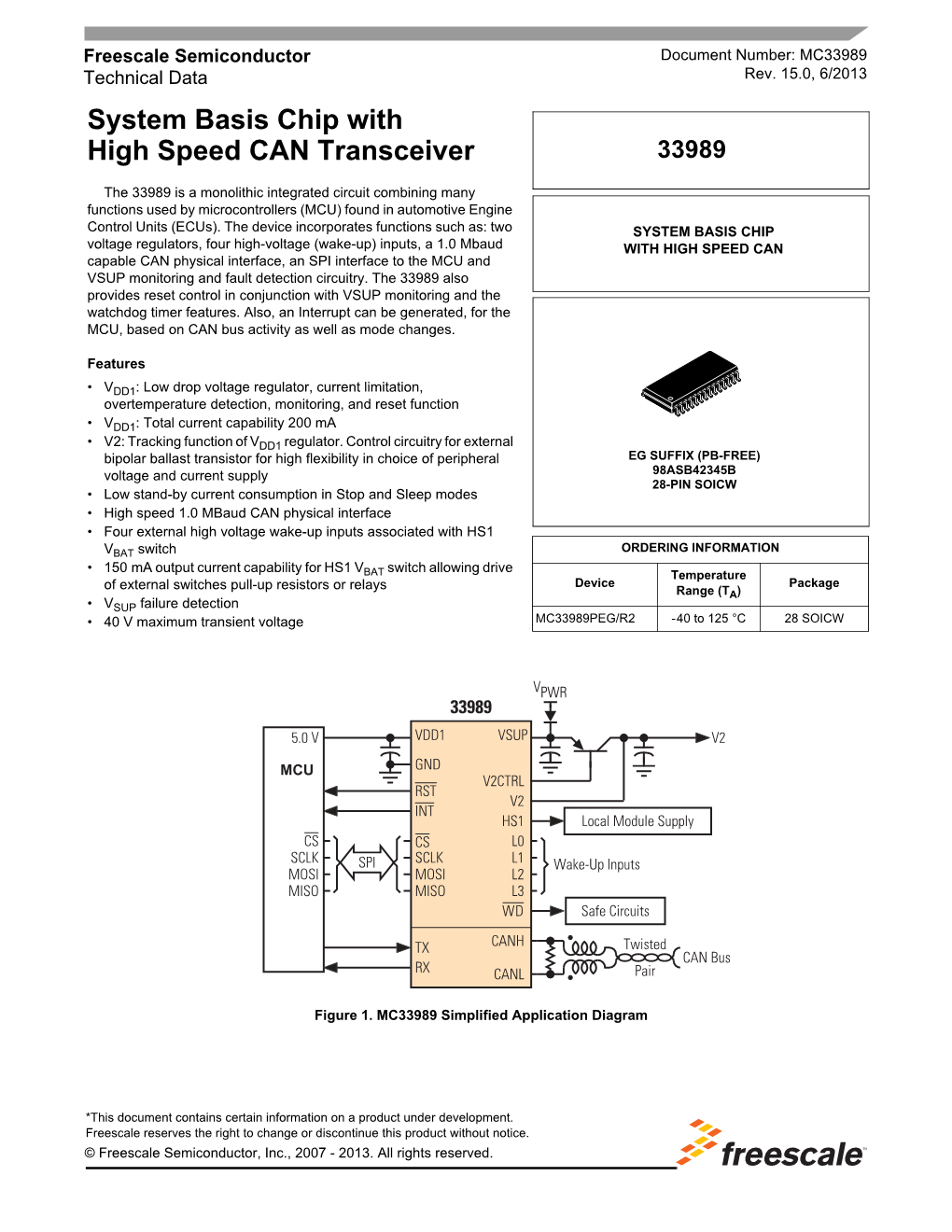 MC33989, System Basis Chip with High-Speed CAN Transceiver