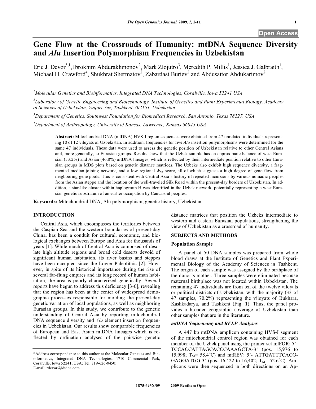 Gene Flow at the Crossroads of Humanity: Mtdna Sequence Diversity and Alu Insertion Polymorphism Frequencies in Uzbekistan