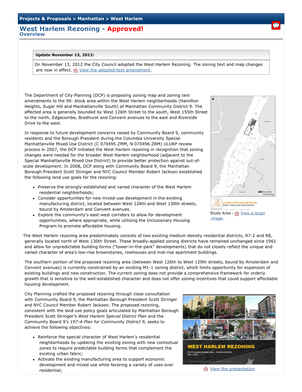 West Harlem Rezoning - Approved! Overview