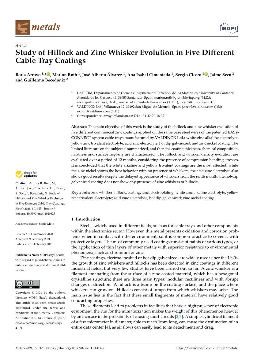Study of Hillock and Zinc Whisker Evolution in Five Different Cable Tray Coatings
