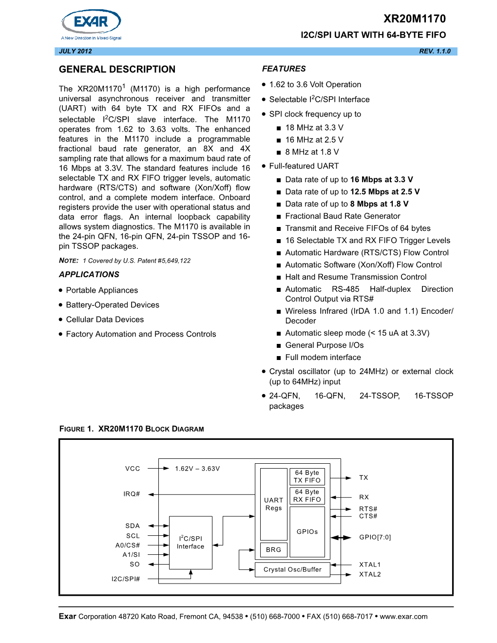 Xr20m1170 I2c/Spi Uart with 64-Byte Fifo