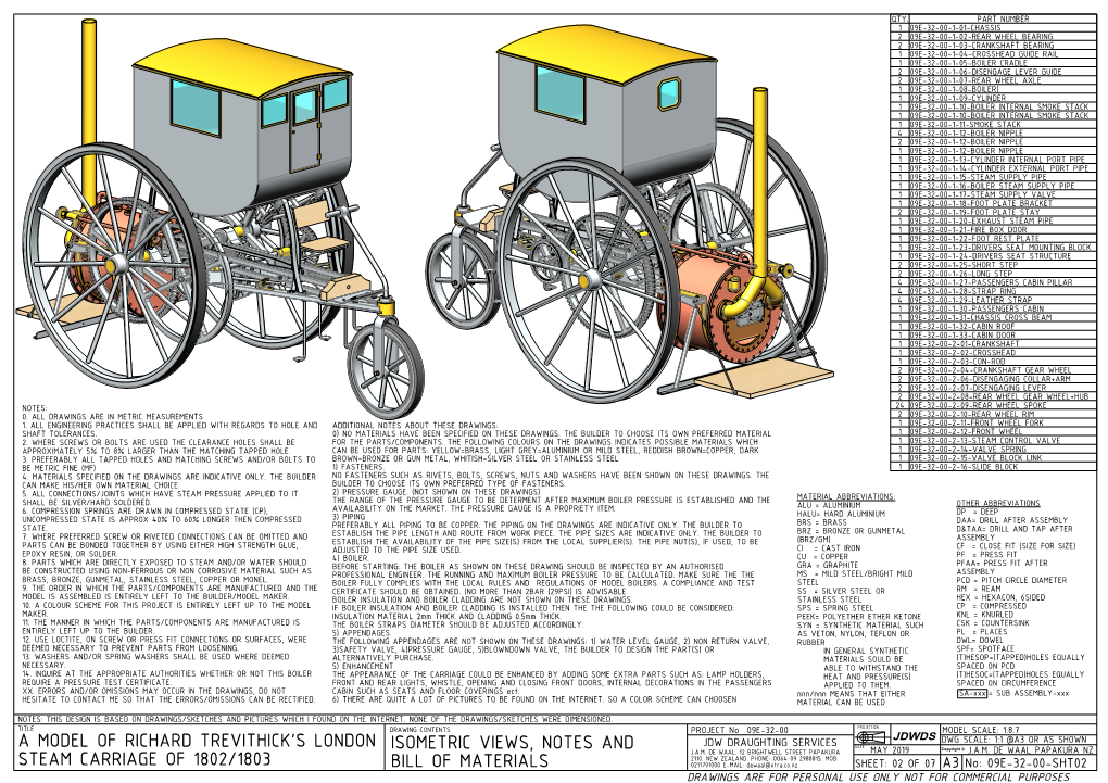 Isometric Views, Notes and Bill of Materials a Model of Richard Trevithick's London Steam Carriage of 1802/1803