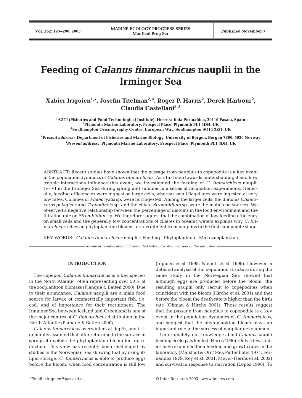 Feeding of Calanus Finmarchicus Nauplii in the Irminger Sea