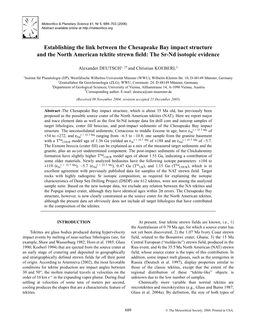 Establishing the Link Between the Chesapeake Bay Impact Structure and the North American Tektite Strewn Field: the Sr-Nd Isotopic Evidence