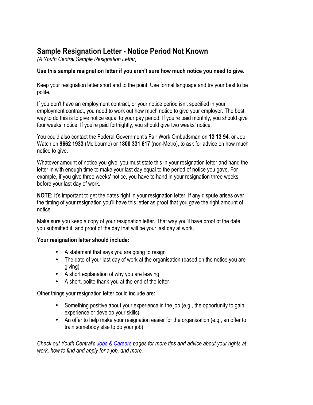 Sample Resignation Letter - Notice Period Not Known (A Youth Central Sample Resignation Letter)