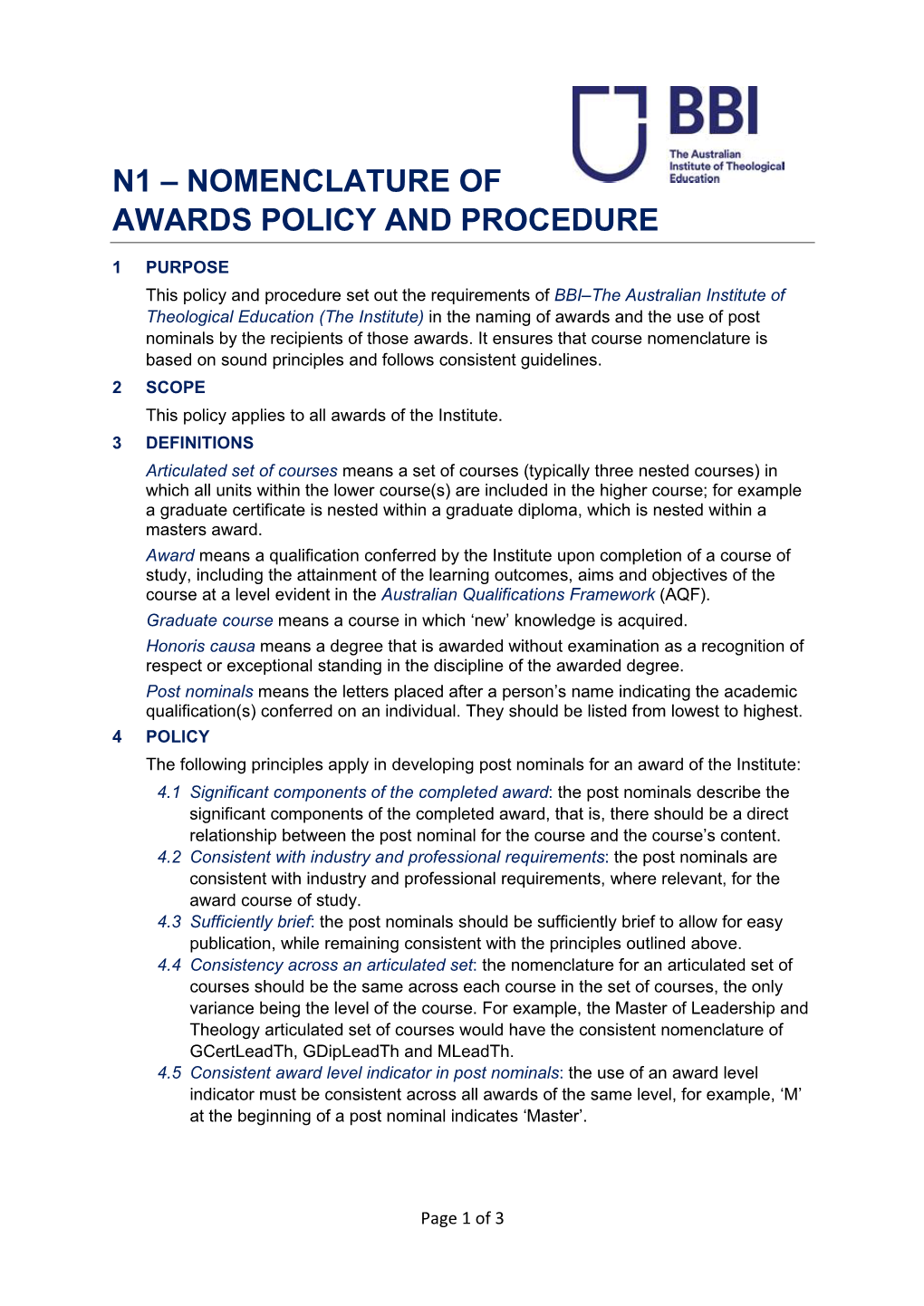 N1 – Nomenclature of Awards Policy and Procedure