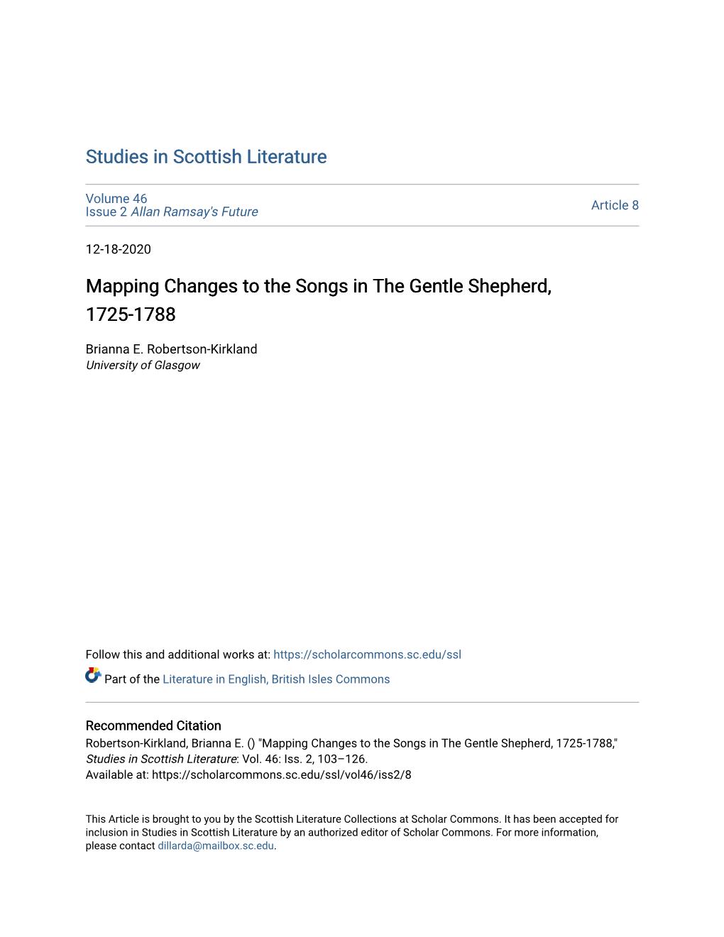 Mapping Changes to the Songs in the Gentle Shepherd, 1725-1788