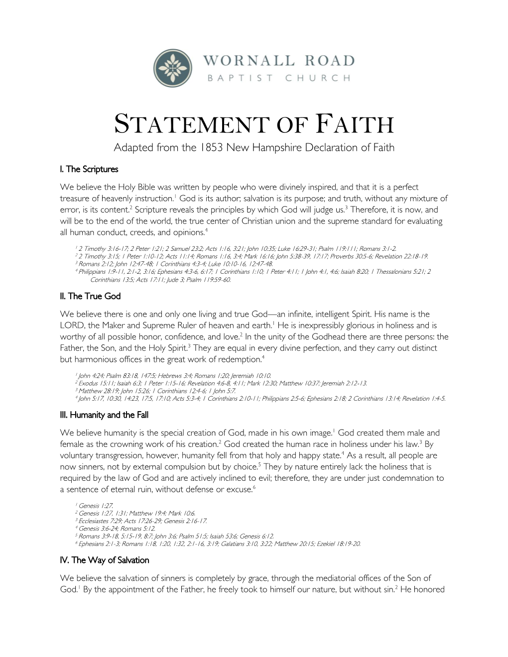 STATEMENT of FAITH Adapted from the 1853 New Hampshire Declaration of Faith