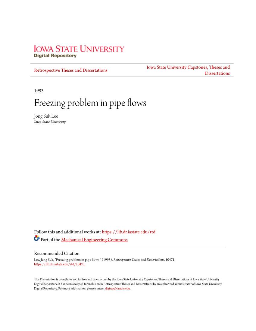 Freezing Problem in Pipe Flows Jong Suk Lee Iowa State University