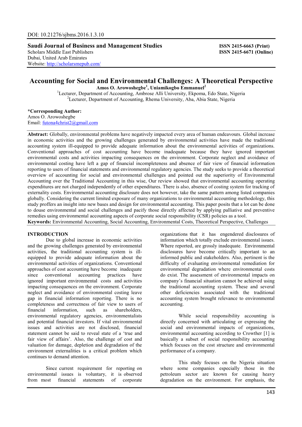 Accounting for Social and Environmental Challenges: a Theoretical Perspective Amos O