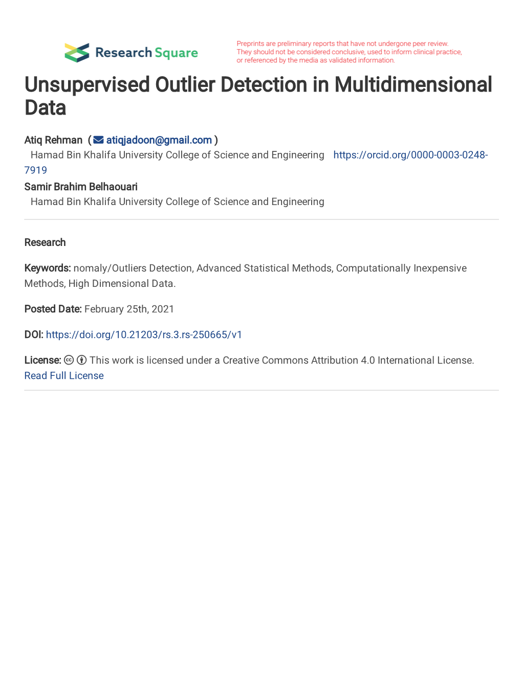 Unsupervised Outlier Detection in Multidimensional Data