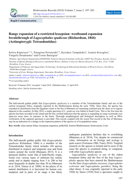 Westbound Expansion Breakthrough of Lagocephalus Spadiceus (Richardson, 1844) (Actinopterygii: Tetraodontidae)