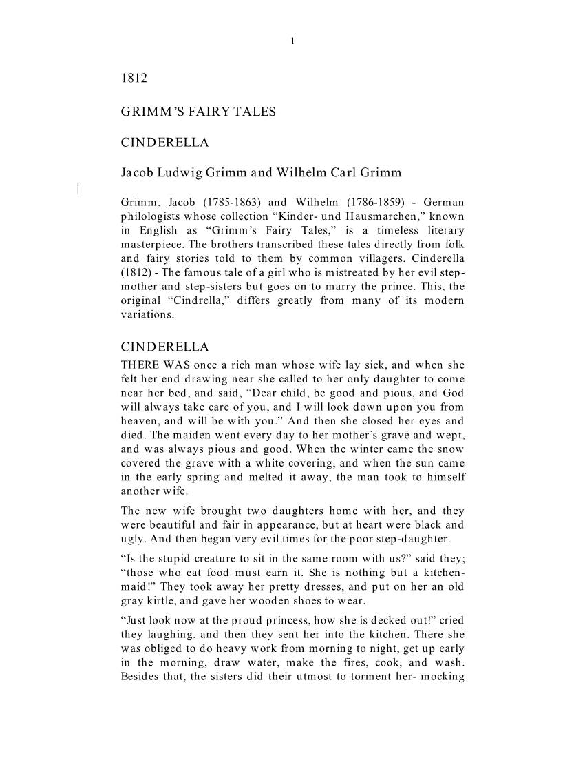 1812 GRIMM's FAIRY TALES CINDERELLA Jacob Ludwig Grimm