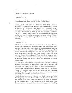 1812 GRIMM's FAIRY TALES CINDERELLA Jacob Ludwig Grimm
