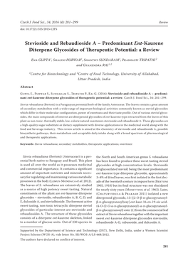 Stevioside and Rebaudioside a – Predominant Ent-Kaurene Diterpene Glycosides of Therapeutic Potential: a Review