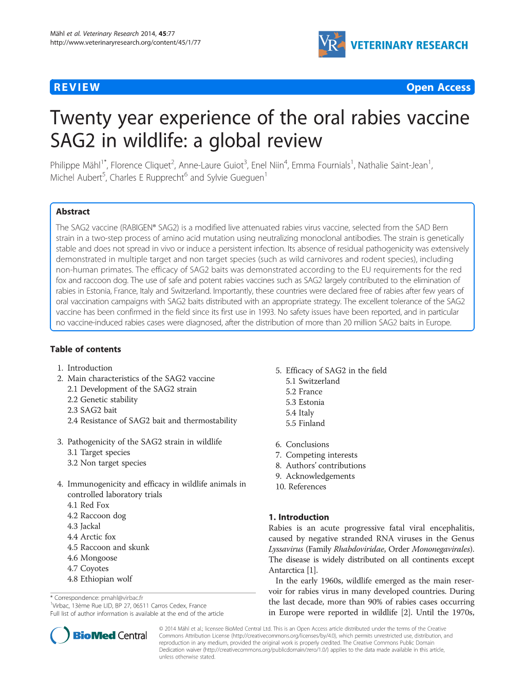 Twenty Year Experience of the Oral Rabies Vaccine SAG2 in Wildlife