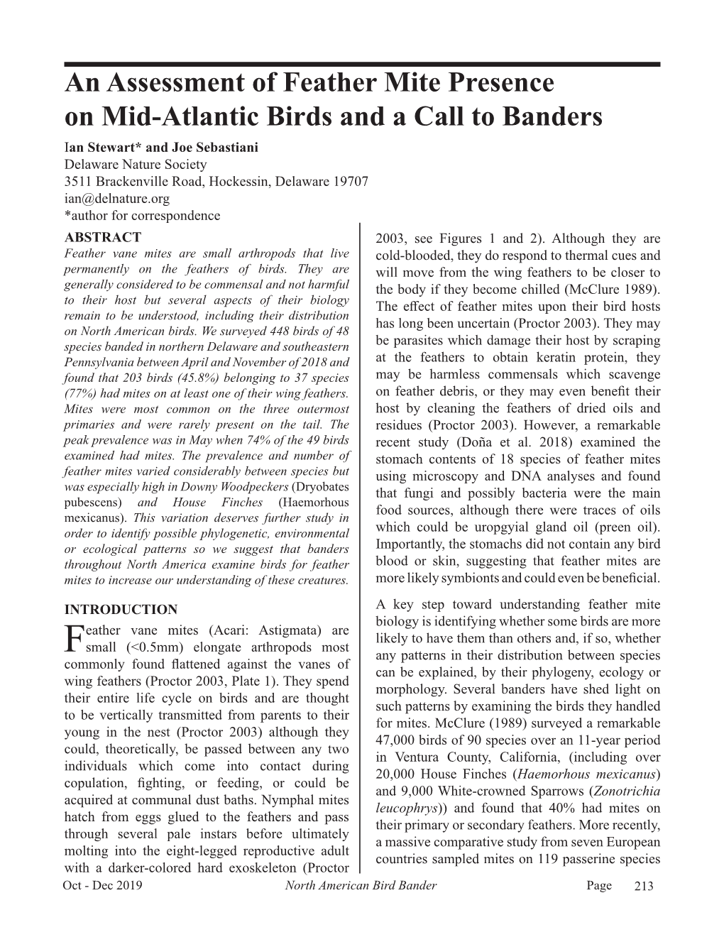 An Assessment of Feather Mite Presence on Mid-Atlantic Birds And