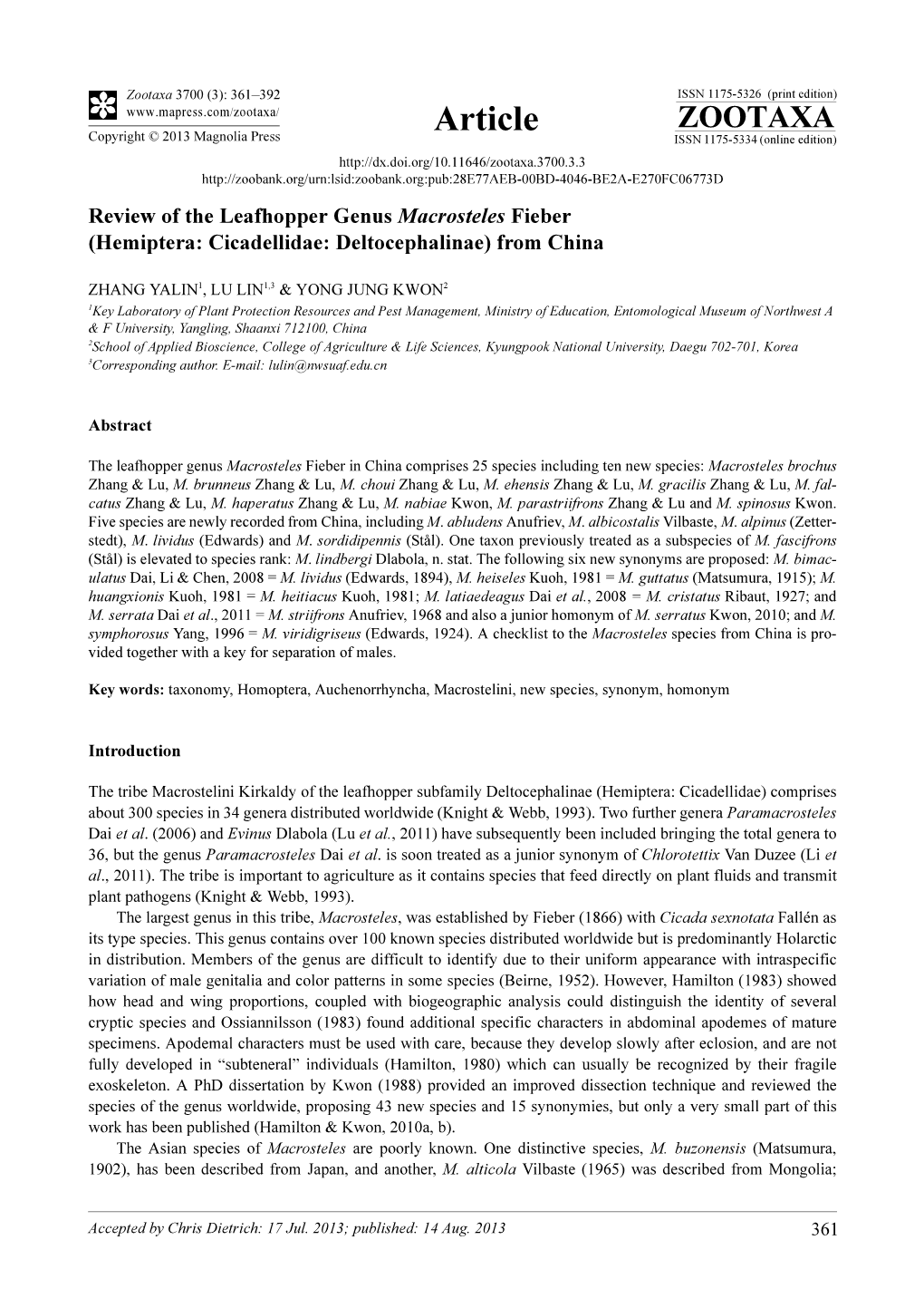 Review of the Leafhopper Genus Macrosteles Fieber (Hemiptera: Cicadellidae: Deltocephalinae) from China