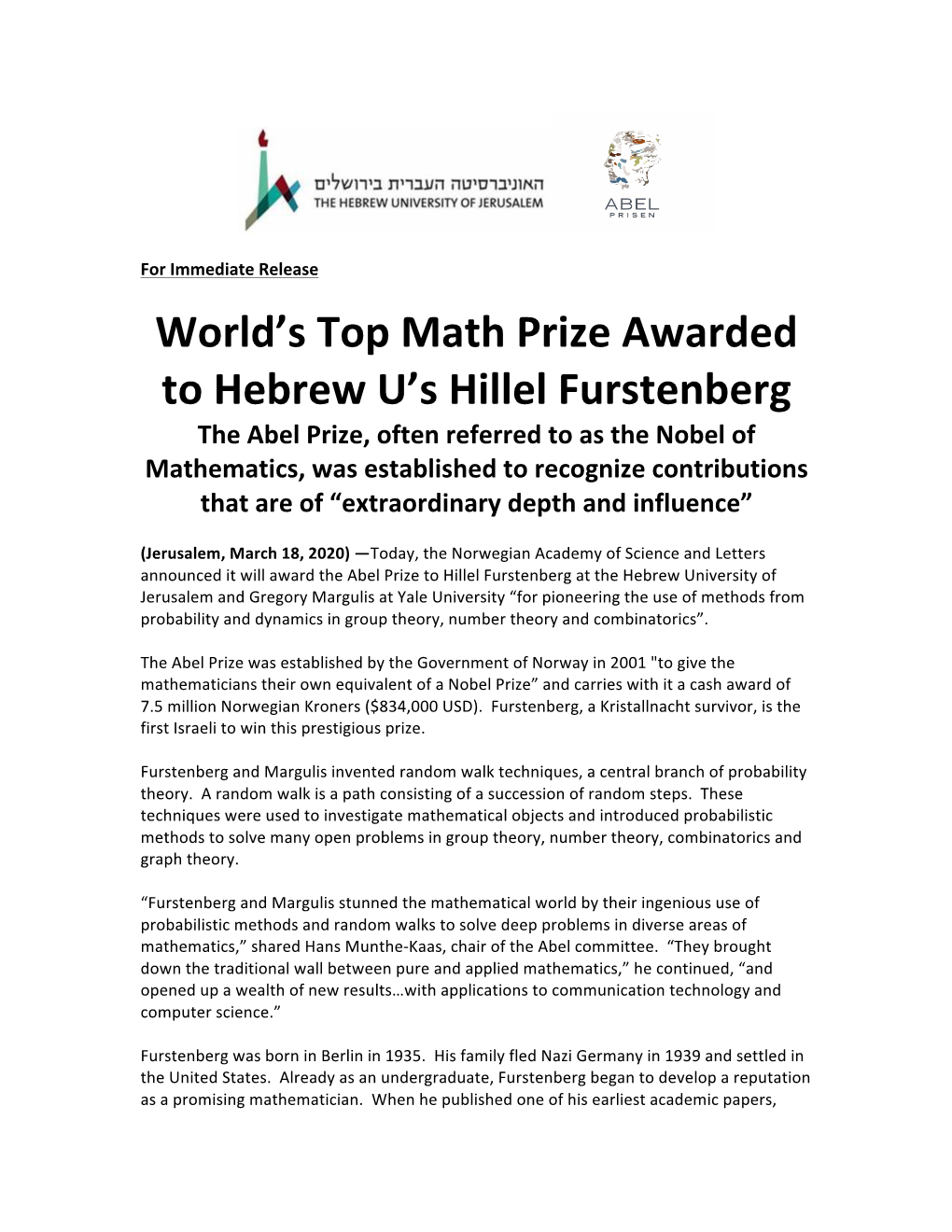 World's Top Math Prize Awarded to Hebrew U's Hillel Furstenberg