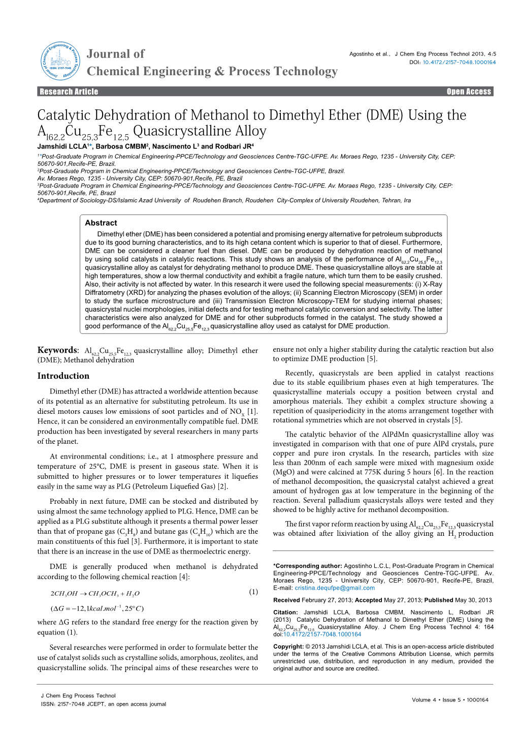 Catalytic Dehydration of Methanol to Dimethyl Ether (DME) Using The