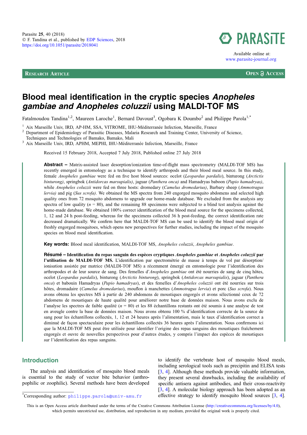Blood Meal Identification in the Cryptic Species Anopheles Gambiae and Anopheles Coluzzii Using MALDI-TOF MS