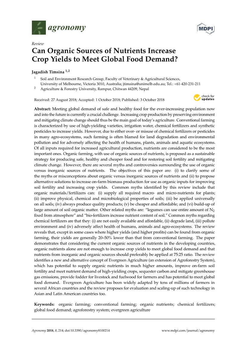 Can Organic Sources of Nutrients Increase Crop Yields to Meet Global Food Demand?