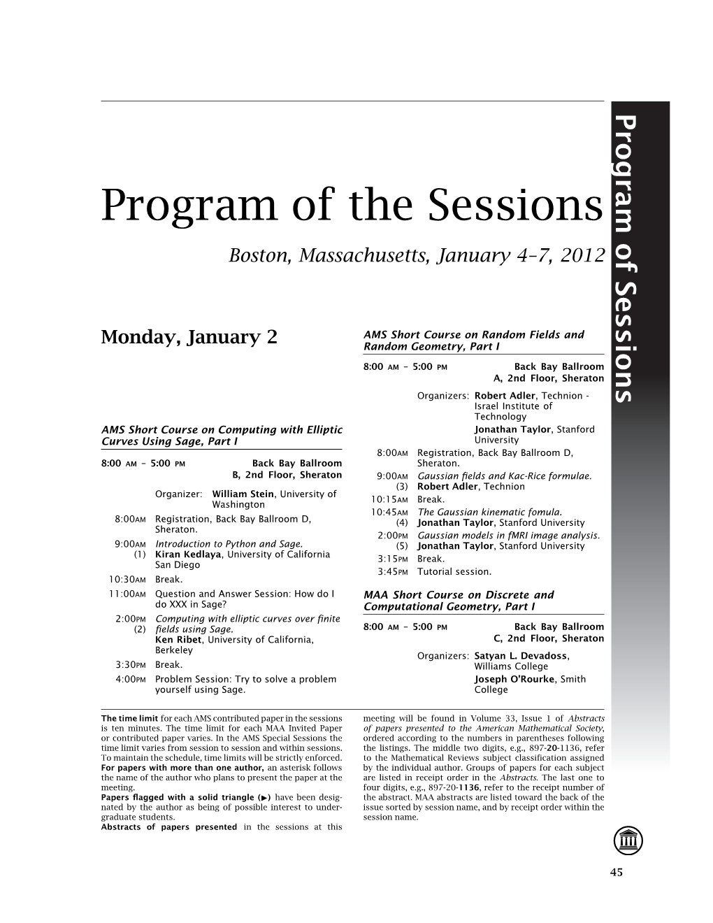 Program of the Sessions Boston, Massachusetts, January 4–7, 2012