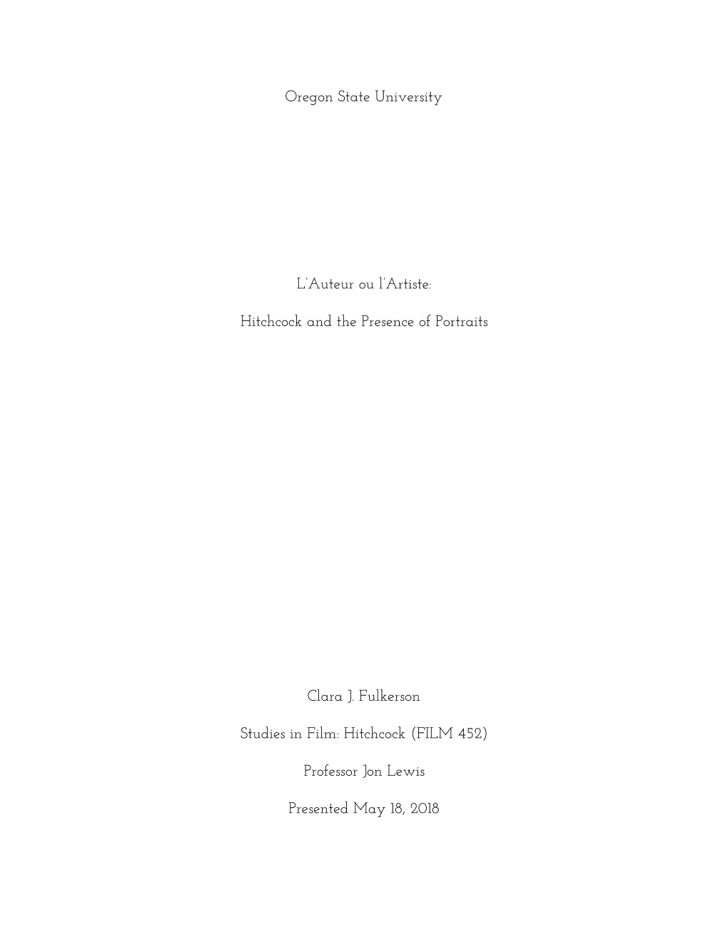 Oregon State University L'auteur Ou L'artiste: Hitchcock and The