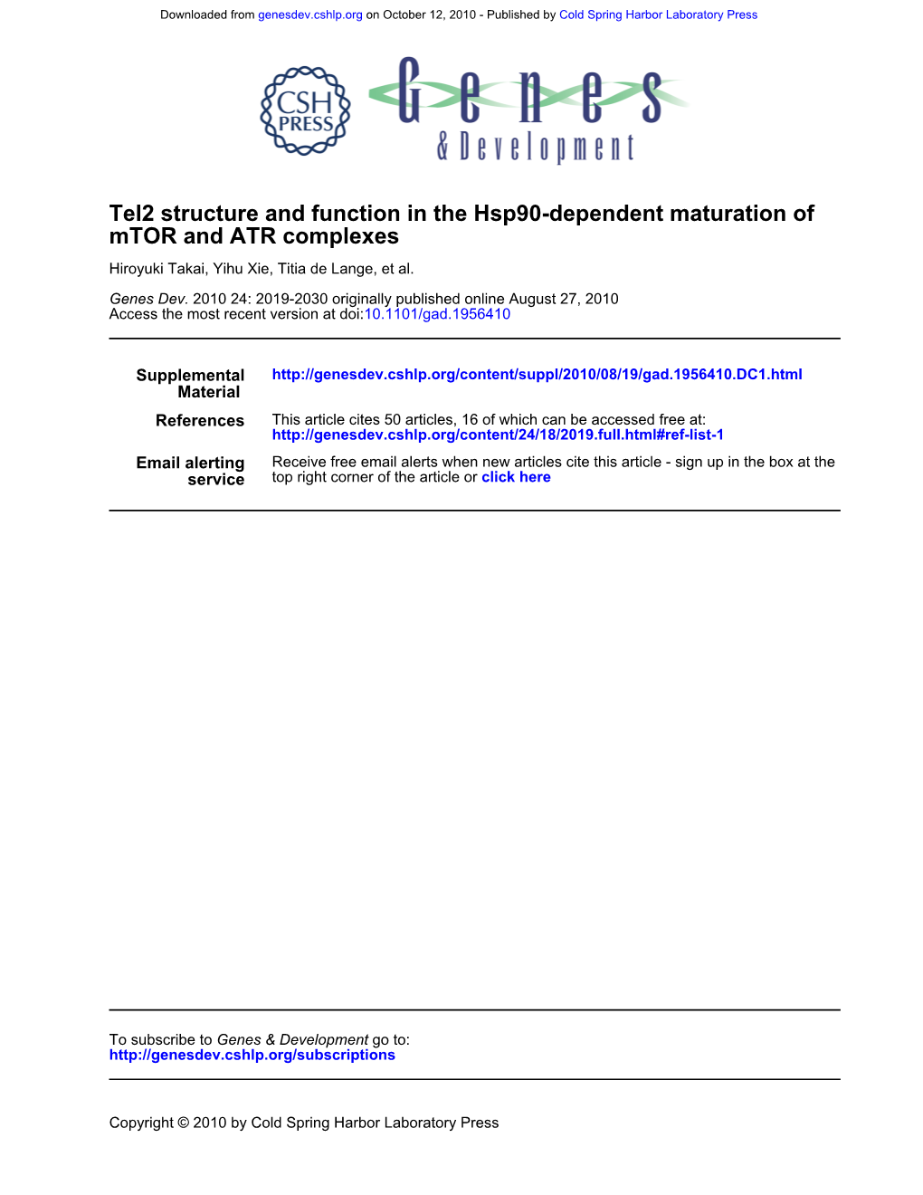 Mtor and ATR Complexes Tel2 Structure and Function in the Hsp90