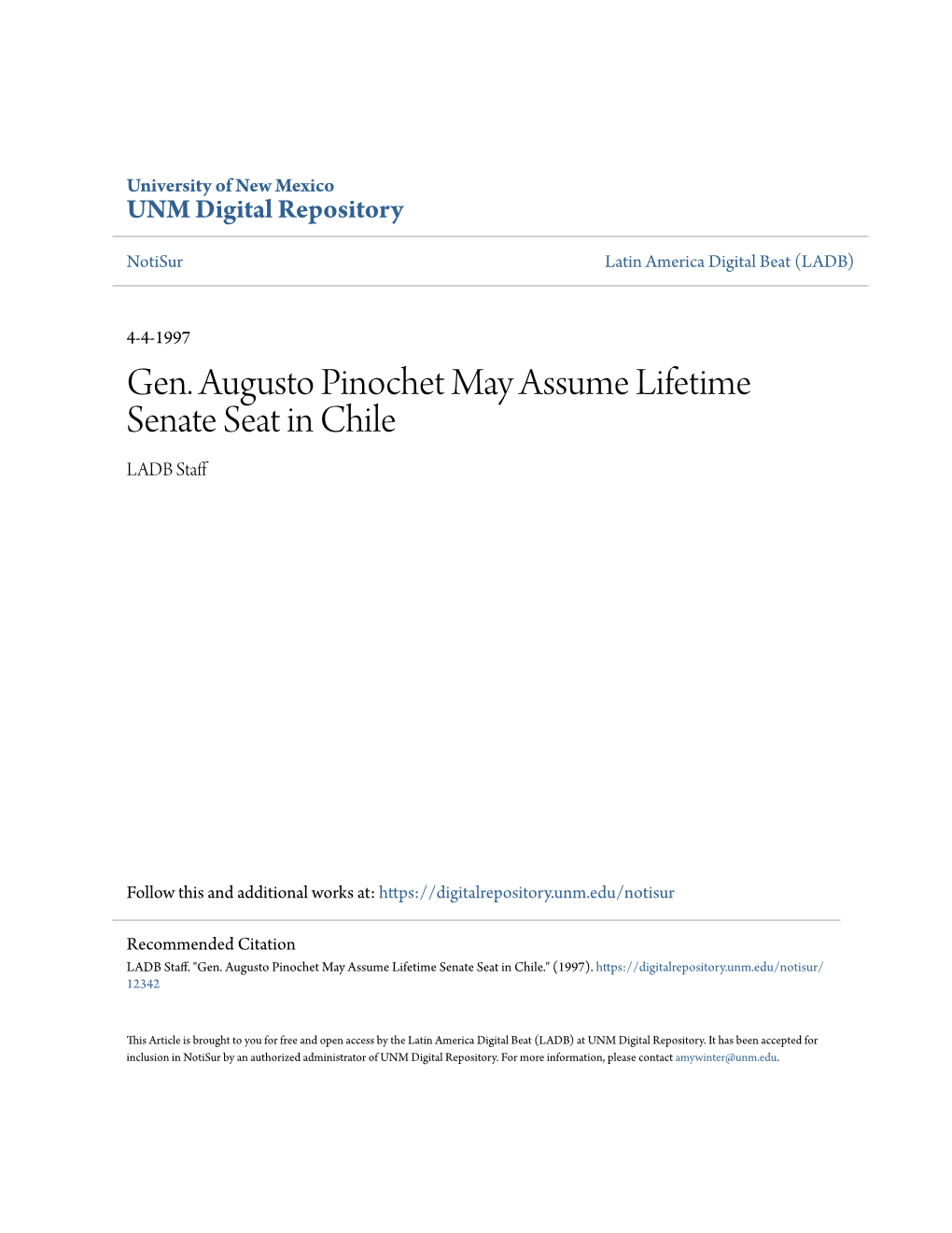 Gen. Augusto Pinochet May Assume Lifetime Senate Seat in Chile LADB Staff