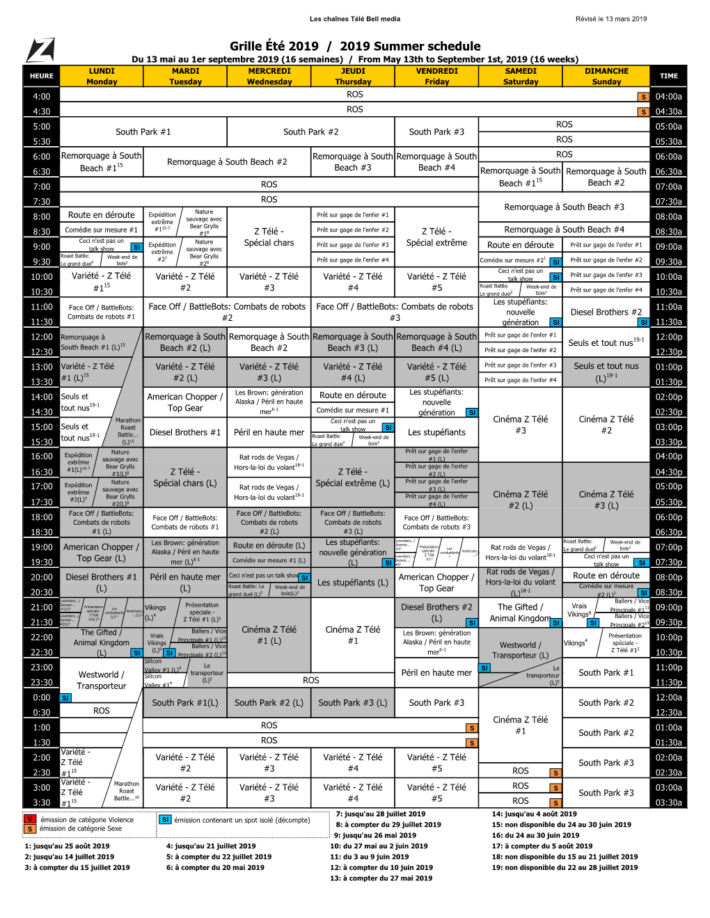 Grille Été 2019 / 2019 Summer Schedule