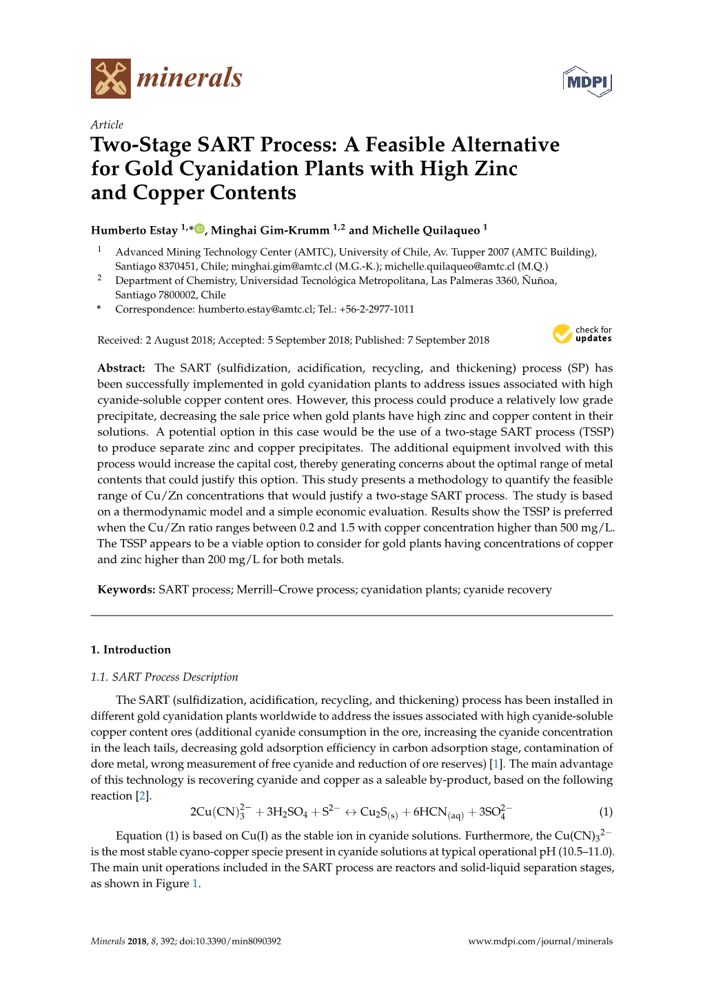 Two-Stage SART Process: a Feasible Alternative for Gold Cyanidation Plants with High Zinc and Copper Contents