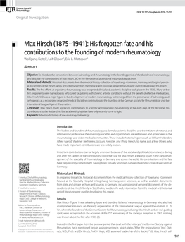 Max Hirsch (1875–1941): His Forgotten Fate and His Contributions to the Founding of Modern Rheumatology Wolfgang Keitel1, Leif Olsson2, Eric L