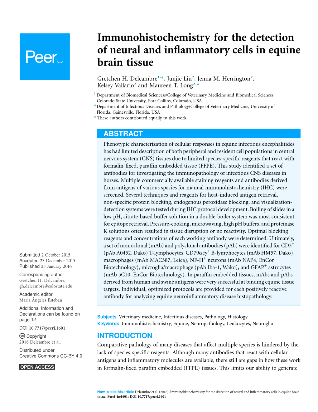Immunohistochemistry for the Detection of Neural and Inflammatory Cells in Equine Brain Tissue