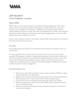 London Junior Publicist Job Spec