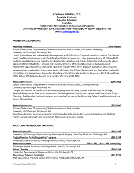 CYNTHIA A. TANANIS, ED.D. Associate Professor, School of Education Founder, Collaborative for Evaluation and Assessment Capacity University of Pittsburgh • 230 S