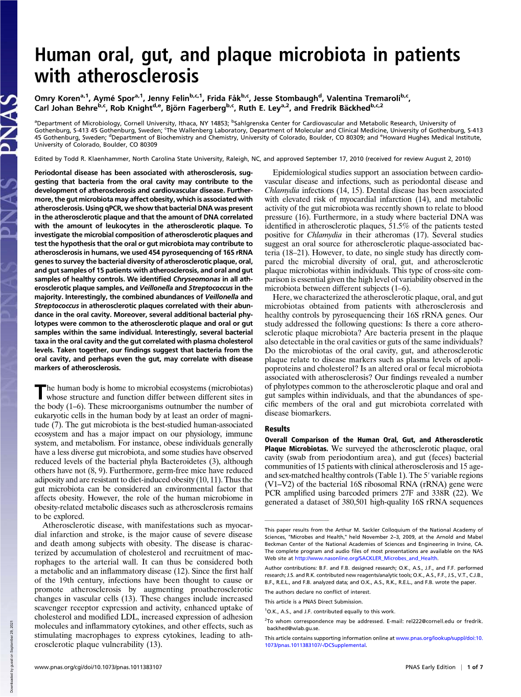 Human Oral, Gut, and Plaque Microbiota in Patients with Atherosclerosis