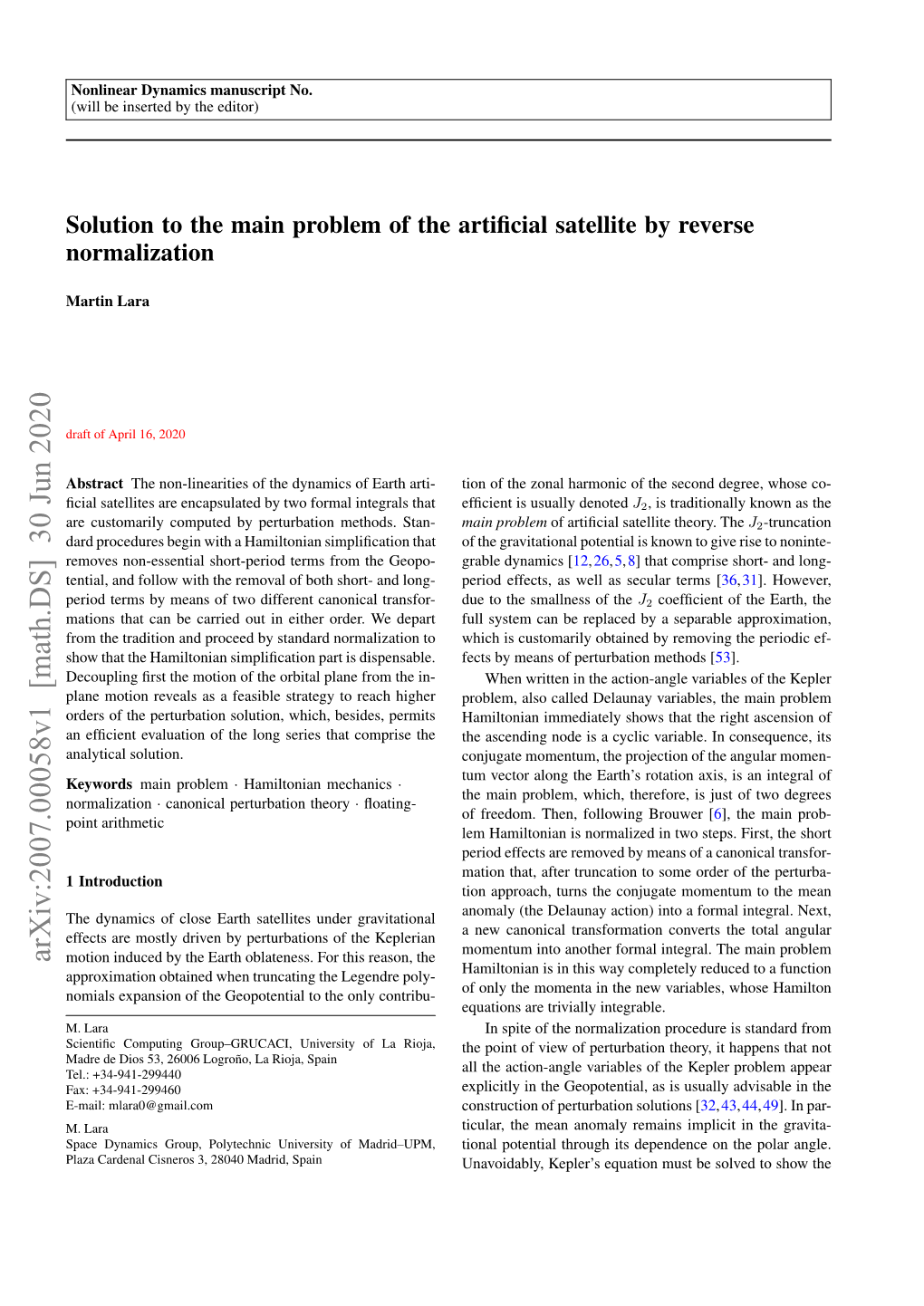 Solution to the Main Problem of the Artificial Satellite by Reverse