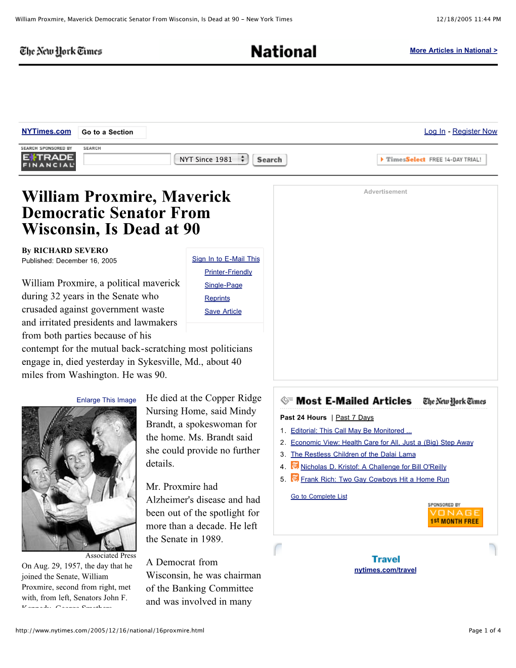 William Proxmire, Maverick Democratic Senator from Wisconsin, Is Dead at 90 - New York Times 12/18/2005 11:44 PM