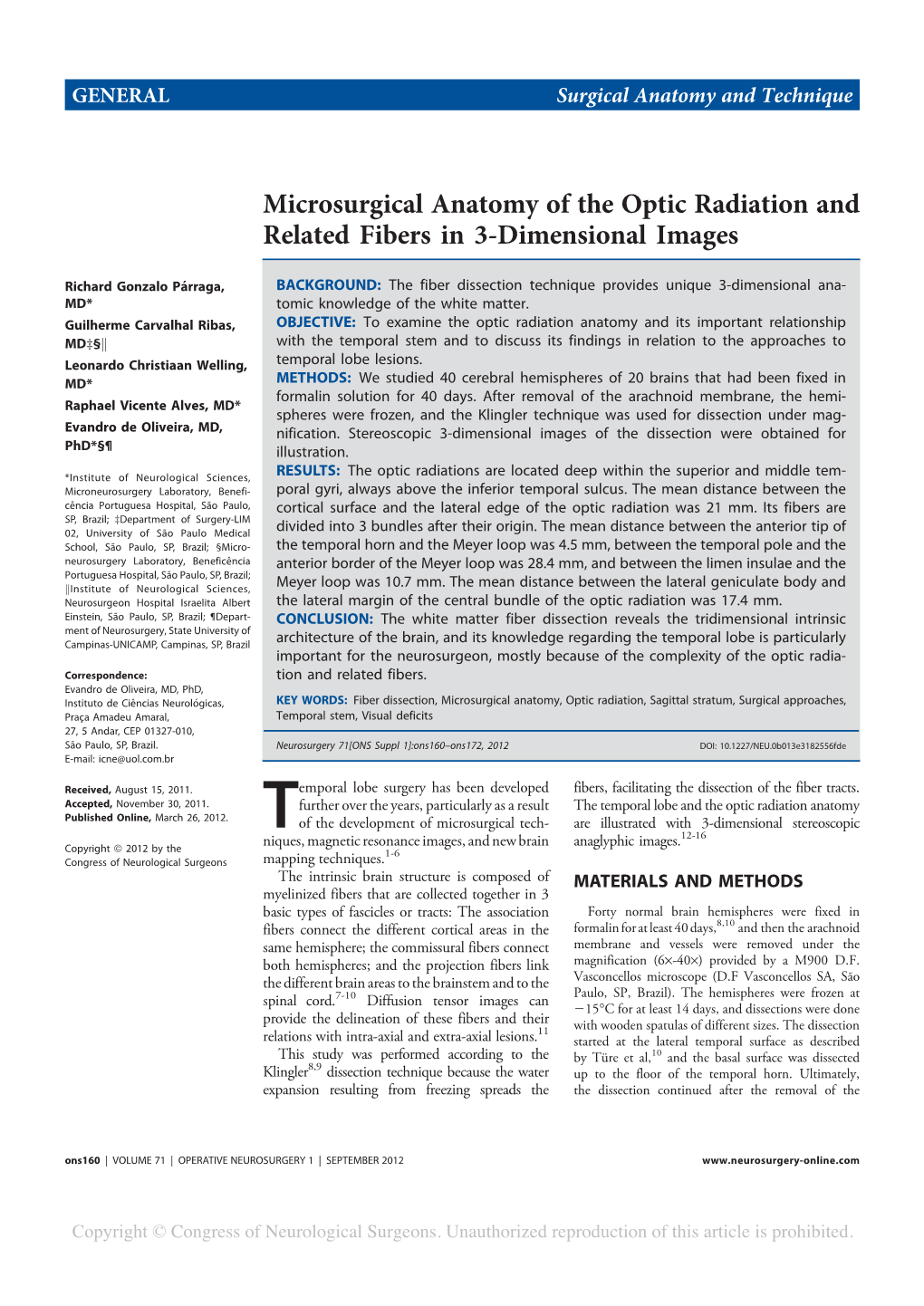 Microsurgical Anatomy of the Optic Radiation and Related Fibers in 3-Dimensional Images