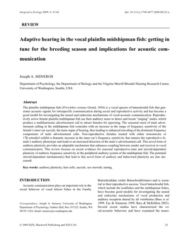 Adaptive Hearing in the Vocal Plainfin Midshipman Fish: Getting in Tune for the Breeding Season and Implications for Acoustic Com- Munication