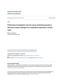 Preliminary Investigation Into the Cause of Pinhole Porosity in Aluminum Metal Castings from Serpentine Impurities in Olivine Sand