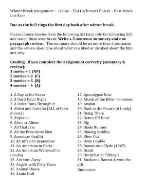 Winter Break Assignment – Levine – ELA10/Honors ELA10 – Best Movie List Ever