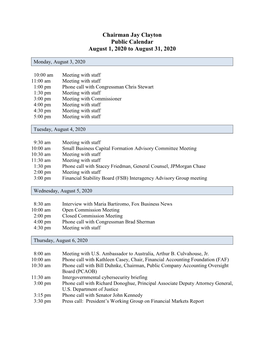 Chairman Jay Clayton, August 1, 2020 to August 31, 2020